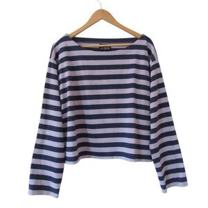 J Crew Cropped Boatneck T Shirt In Mariner Cotton Large Purple Blue Striped
